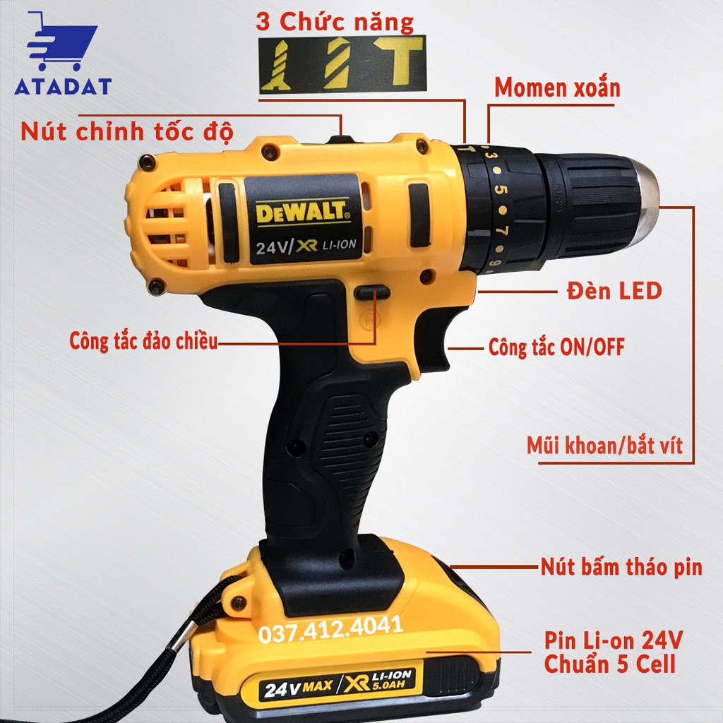 Máy Khoan Pin Cầm Tay Dewalt 24V Búa, Bắn Vít- Máy Khoan 3 Chức Năng Búa - Khoan Bê Tông