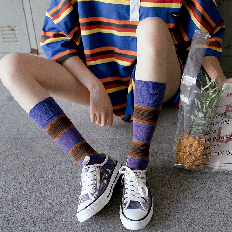 Tất dài cotton co giãn họa tiết sọc xu hướng mùa thu đông cá tính đầy màu sắc phong cách đại học cho nữ