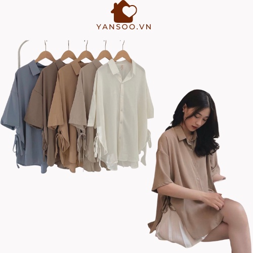 Áo somi from rộng tay ngăn , áo so mi kiểu Hàn Quốc nữ vạt tông kèm nơ sườn by YANSOO