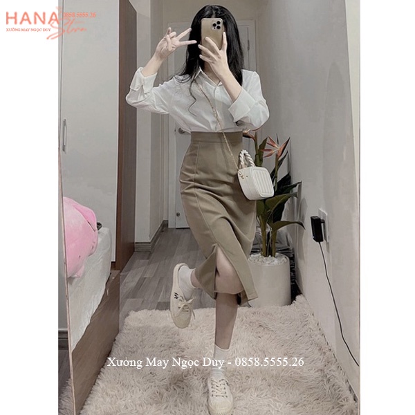 Chân váy dài xẻ tà trước Ulzzang kiểu Hàn Quốc qua đầu gối khóa sau cạp lưng cao có quần trong mặc công sở đi biển học