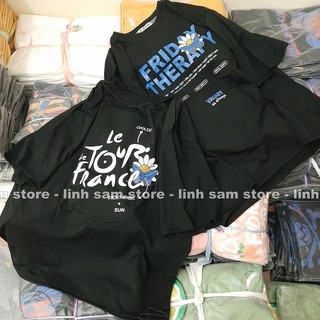 Áo thun tay lỡ freesize nữ - thun form rộng Unisex,, in hình hoa cúc chữ FRIDAY THERAPY màu đen