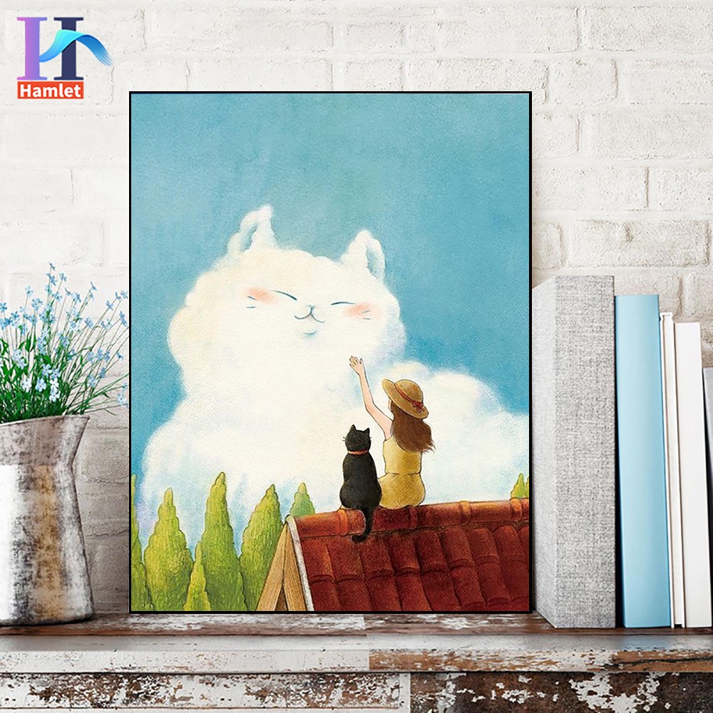 Bộ tranh sơn dầu Hamlet tô màu theo số hình cô gái nhỏ và chú mèo dễ thương kích thước 40 * 50 DIY
