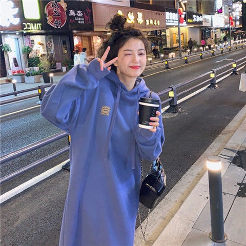 Đầm hoodie tay dài dáng rộng phong cách thu đông thời trang dễ thương cho nữ