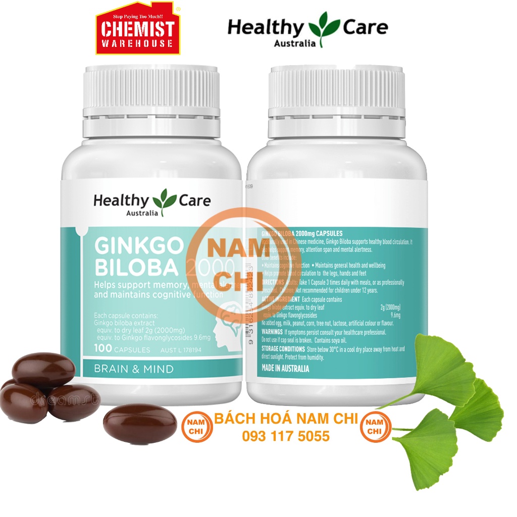 Bổ Não Healthy Care Ginkgo Biloba 2000mg 100 viên Hàng Úc Chính Hãng