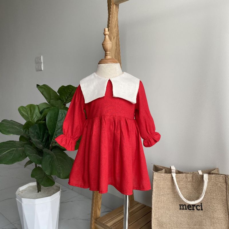 [ Hàng Thiết Kế ] Bodysuit cho bé - Váy đầm đỏ linen cổ thủy thủ- Thời trang tết cho bé gái