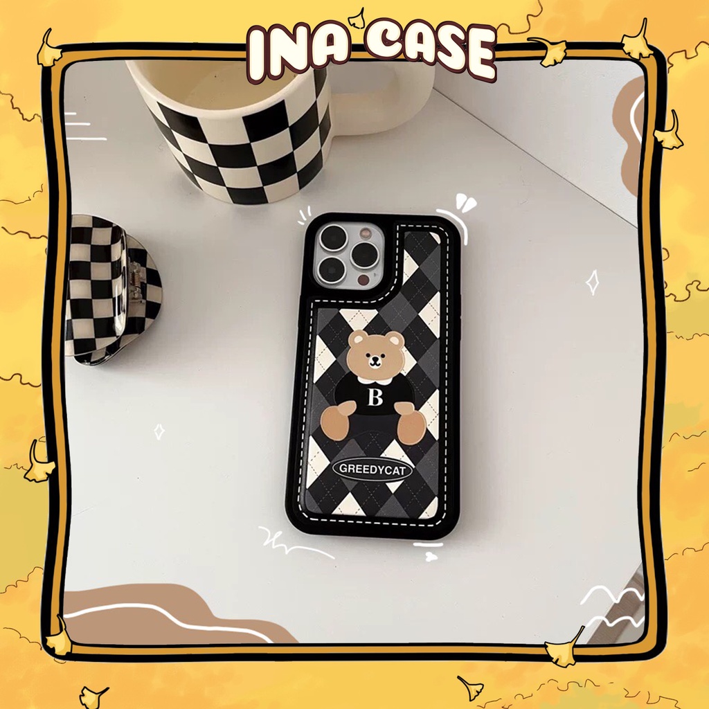 Ốp lưng iphone cạnh vuông chất da Gấu Greedycat 13/13Pro/13PromaxX/Xs/Xsm/7plus/8plus/11/12/11ProMax - Ina Case