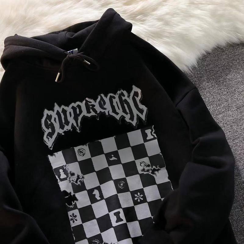 Áo hoodie dáng rộng họa tiết kẻ ô vuông màu trắng đen xu hướng thời trang