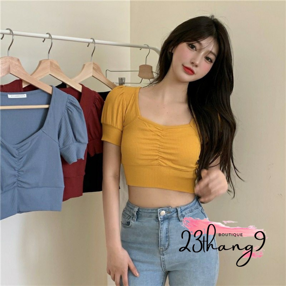 Áo croptop áo tay phồng cổ vuông nhún ngực chất thun gân cao cấp phong cách mùa hè năng động mặc đi biển đi chơi