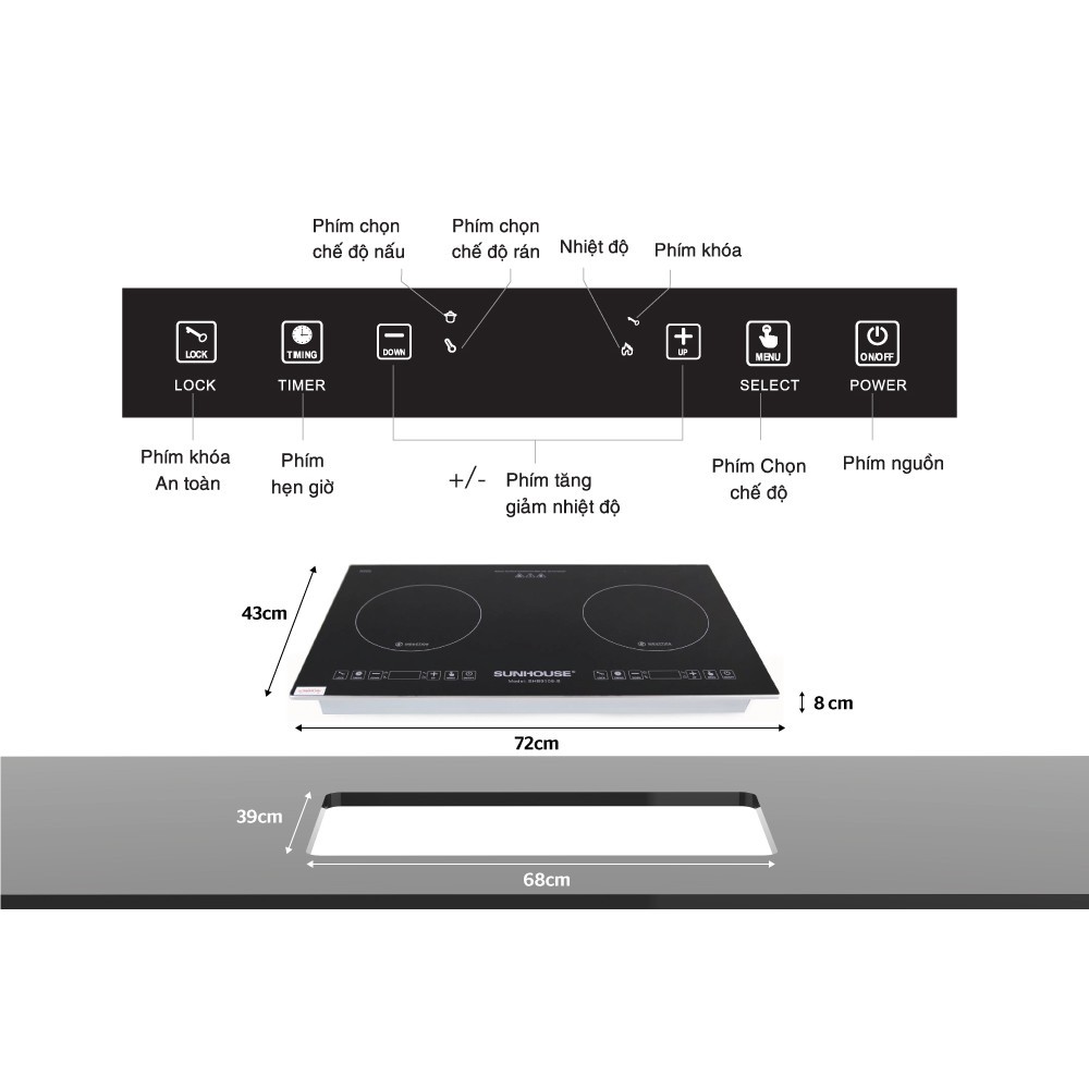 [Sunhouse SHB9108] Bếp đôi điện từ SCHOTT Sunhouse SHB9108-S , bảo hành chính hãng 3 năm.