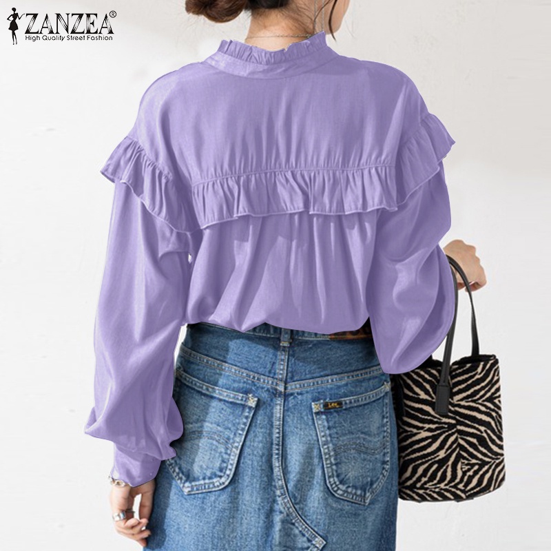 Áo kiểu ZANZEA đính nút tay phồng cổ tròn phối bèo màu trơn phong cách thường ngày retro cho nữ