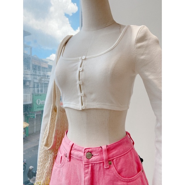 Áo croptop nữ chất thun co giãn tốt tay dài thiết kế gài nút MIEU - JJL07