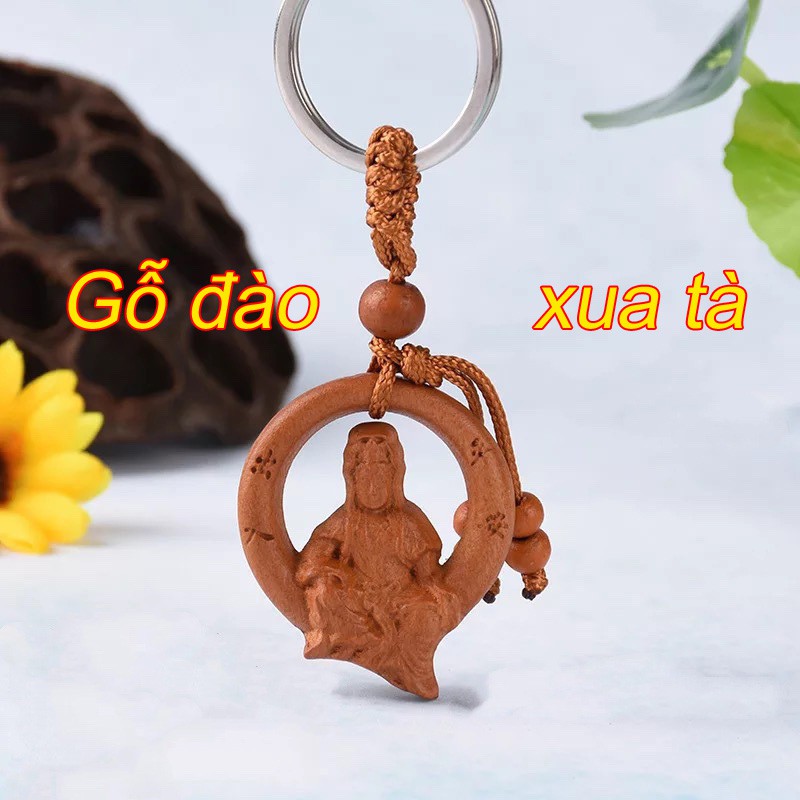 Móc khóa Bồ Tát hộ bình an gỗ đào đuổi tà khí xua tan tai họa