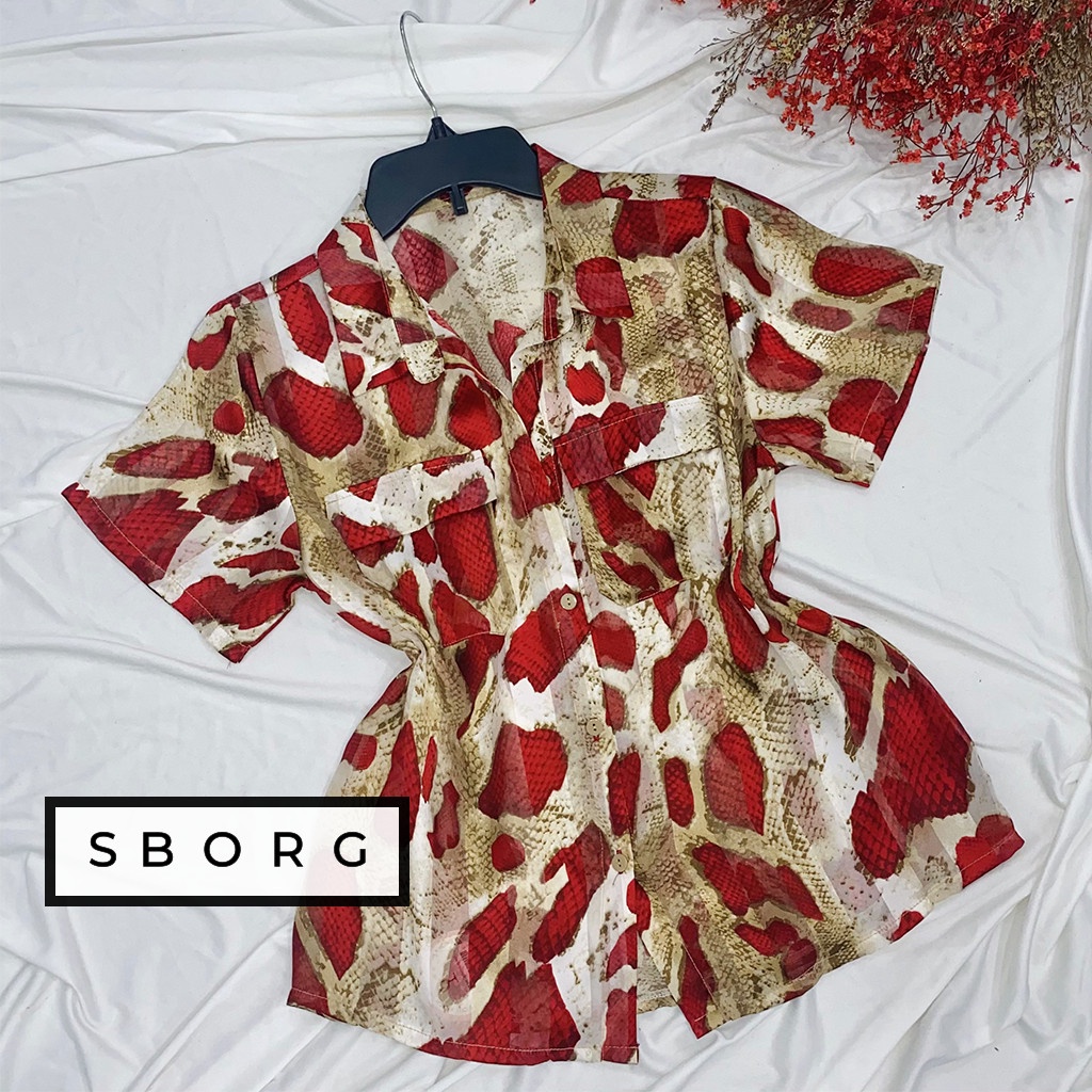 Áo thời trang nữ SBORG áo sơ mi nữ tay ngắn chất lụa giấy mềm mịn cute họa tiết sang trọng thanh lịch freesize dưới 60kg