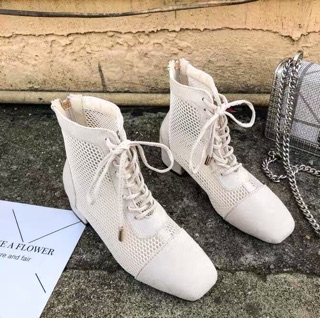 [ SẴN ĐEN S39 - KÈM ẢNH THẬT ] Boots lưới cổ thấp da lộn gót vuông 3cm