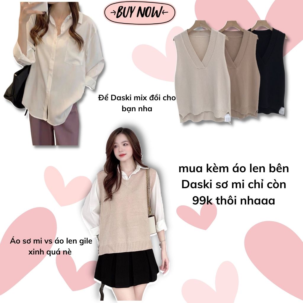 Áo dài tay trắng, Áo sơ mi trơn cổ bẻ túi ngực dáng suông đơn giản unisex Daski