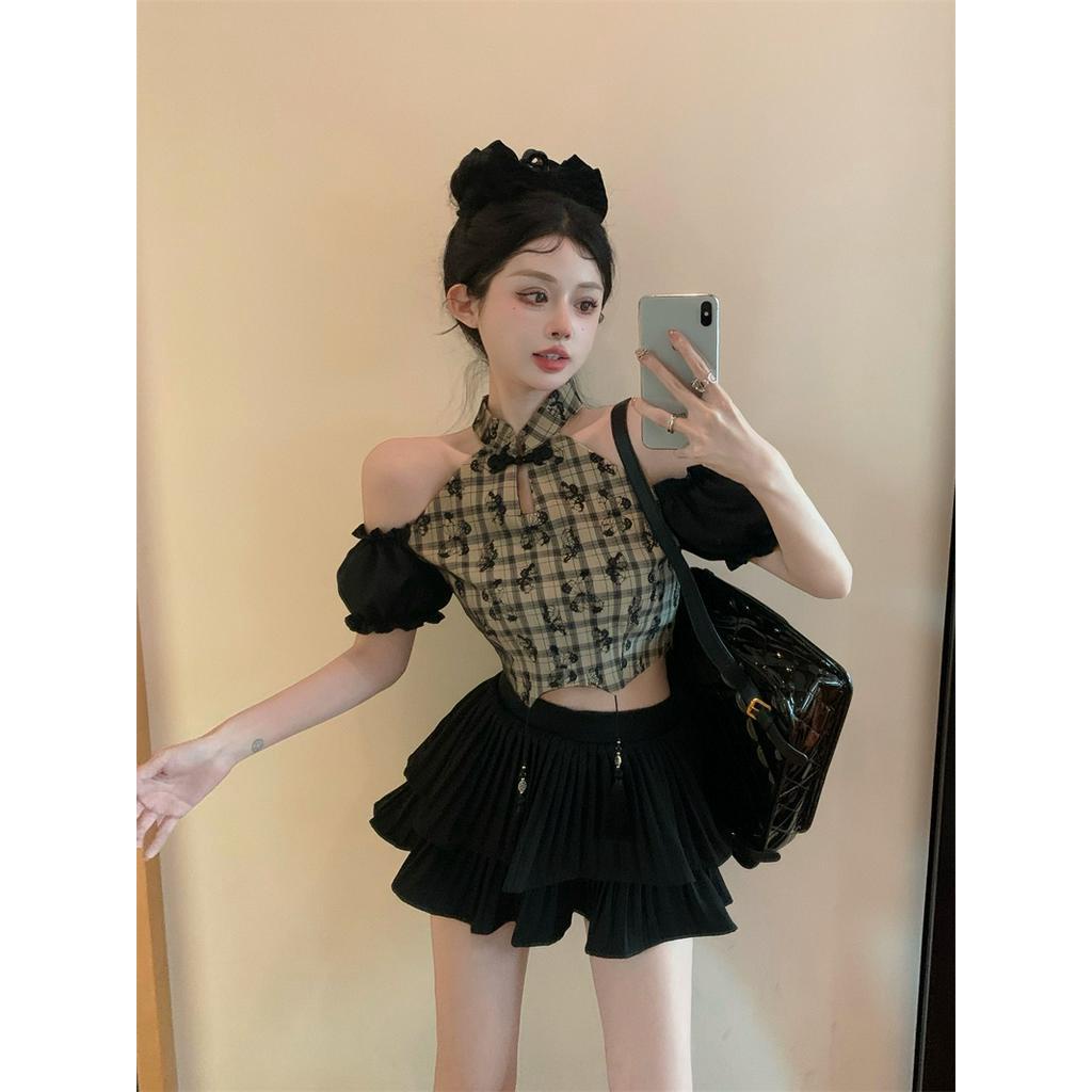 Áo Thun Ngắn Tay Cổ Đứng Họa Tiết Kẻ Ô vintage