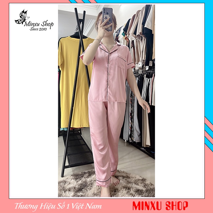 Bộ Đồ Ngủ Pijama, Bộ Lụa Quần Dài Áo Ngắn Tay Màu Trơn Thiết Kế Viền Cách Điệu Trẻ Trung Lịch Sự Minxu Shop Pt02