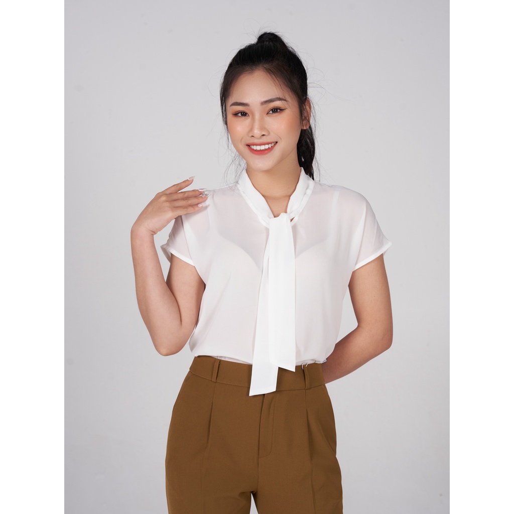 Áo sơ mi nữ YODY tay ngắn cổ nơ vai chờm phong cách mềm mịn thoải mái SCN5192