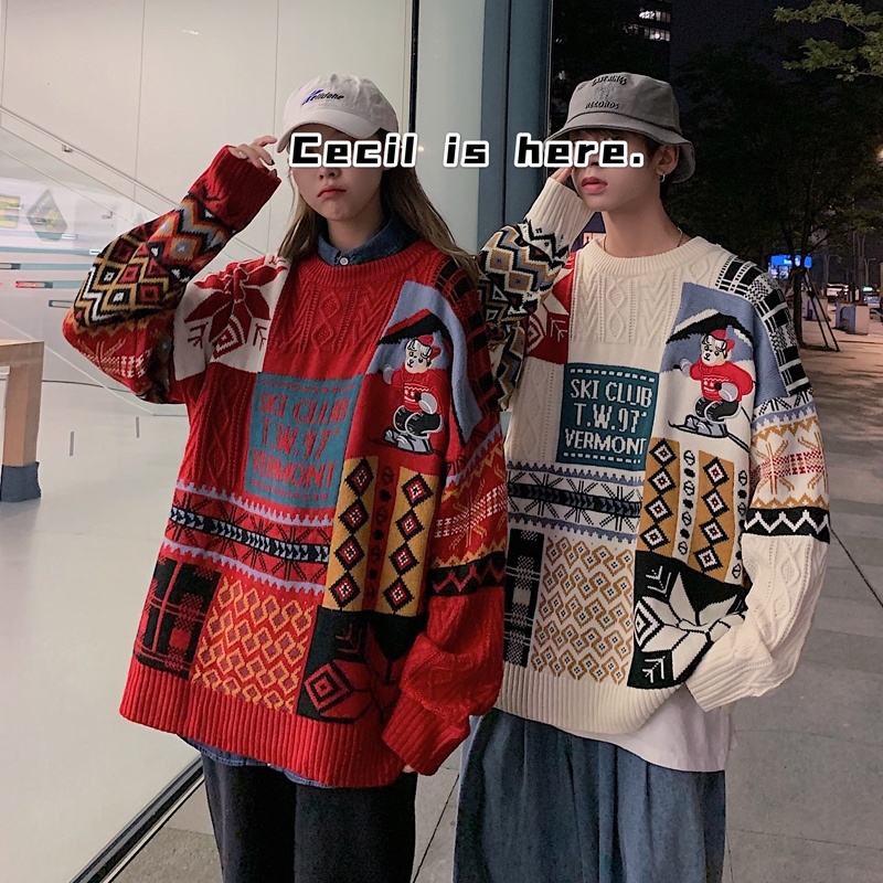Áo sweater nam chui đầu dáng rộng kiểu giáng sinh hàn quốc cá tính cho áo len unisex form rộng dệt kim fashion áo Sweater thời trang nam