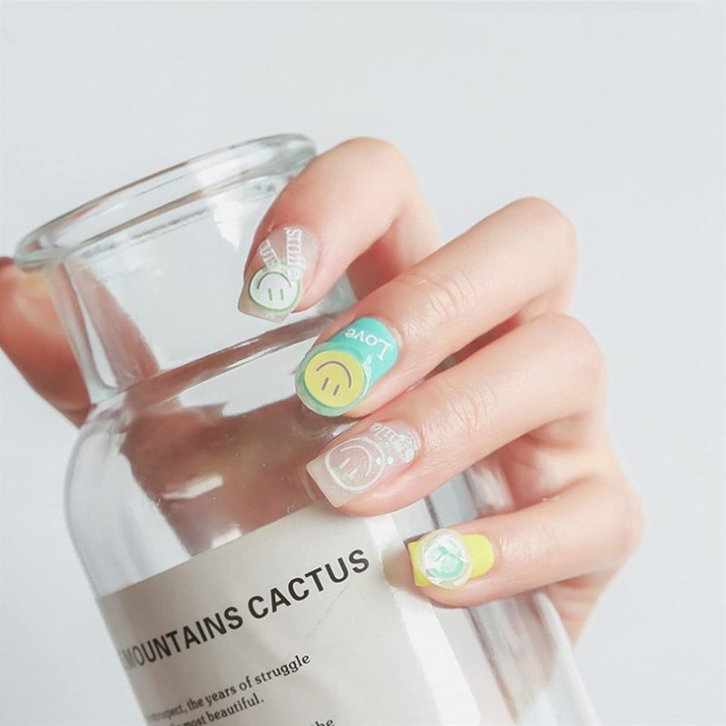 [Hàng mới về] Tờ miếng dán trang trí móng tay hình mặt cười 3D màu kẹo xinh xắn DIY