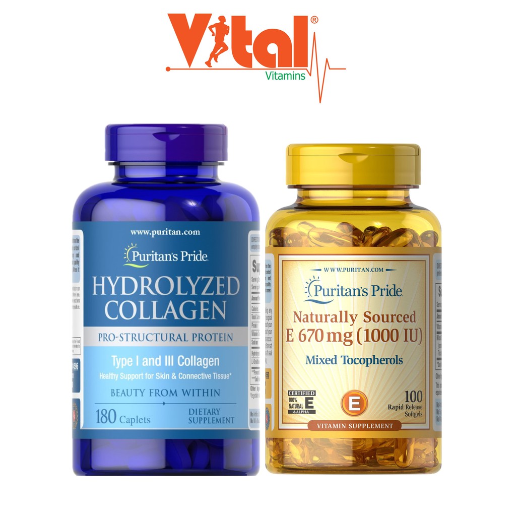 Chăm Sóc và Chống Lão Hoá cho Da Puritan Pride Collagen 1000mg 180v và Vitamin E 1000IU 100 viên