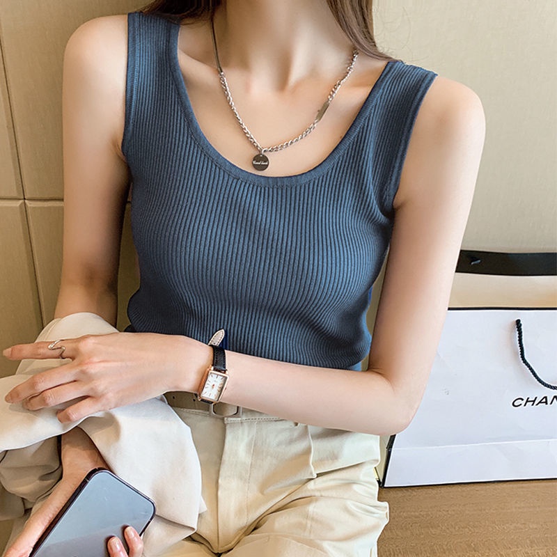 Áo Dệt Kim Sát Nách Thời Trang Cho Nữ 156447 Áo Hai Dây Cổ Chữ U Màu Trơn Đơn Giản Thời Trang Mùa Hè