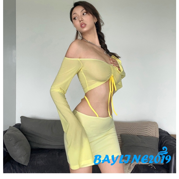 Bộ Áo Croptop Trễ Vai Dài Tay + Chân Váy Lưng Thấp 2 Mảnh Màu Trơn Thời Trang Mùa Hè Cho Nữ