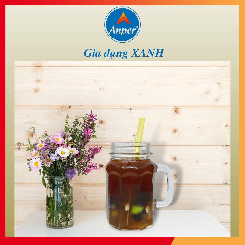 Ly Cốc Thủy Tinh Anper 450ml Cao Cấp Sang Trọng, 10 Cạnh Dễ Thương Có Quai, Có Nắp, Dùng Quán nước uống Cà phê, Sinh tố.