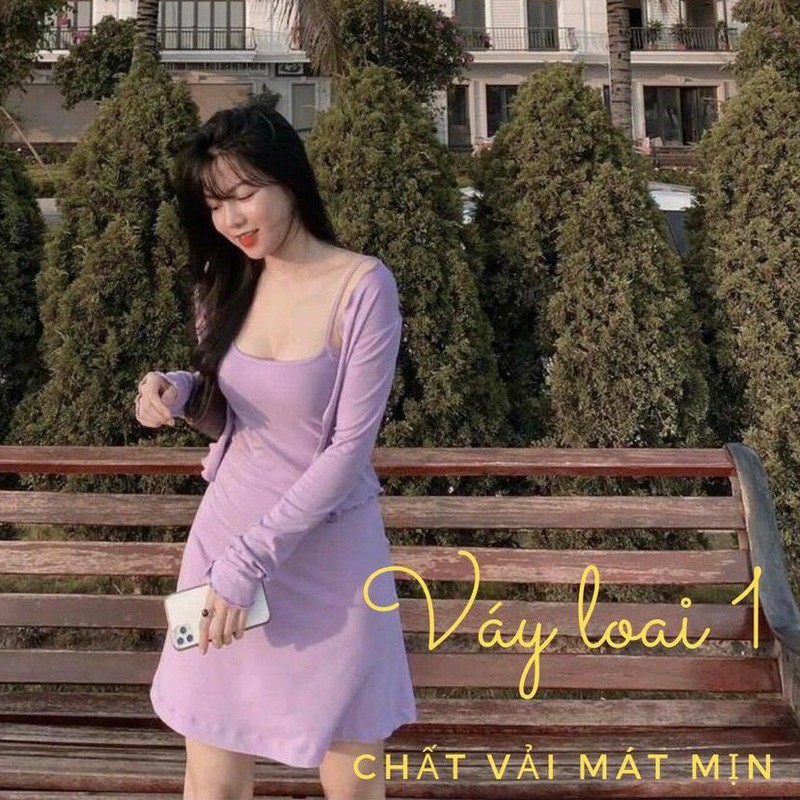 Váy hai dây + áo choàng tím - Loại 1 Chất mát mịn