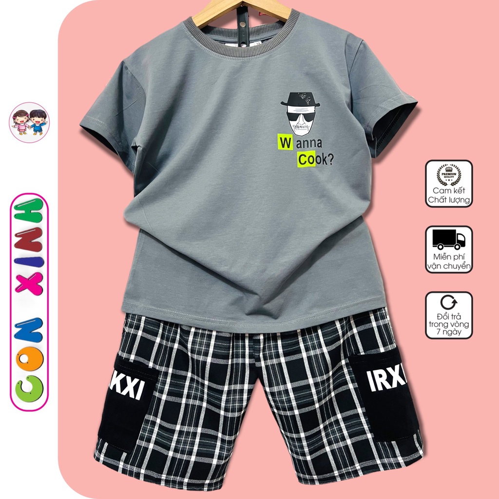 Đồ bộ bé trai Con Xinh cotton phối quần caro hình in Ông già kính đen, thời trang dành cho trẻ em từ 4 đến 10 tuổi