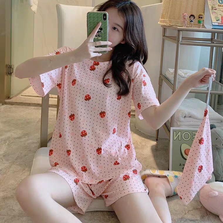 [ Mã WASTAPR giảm 10K đơn 50K] BỘ NGỦ CỘC TAY HÌNH QUẢ ĐÀO - BỘ MẶC NHÀ CHẤM BI TRÁI DÂU ULZZANG | BigBuy360 - bigbuy360.vn