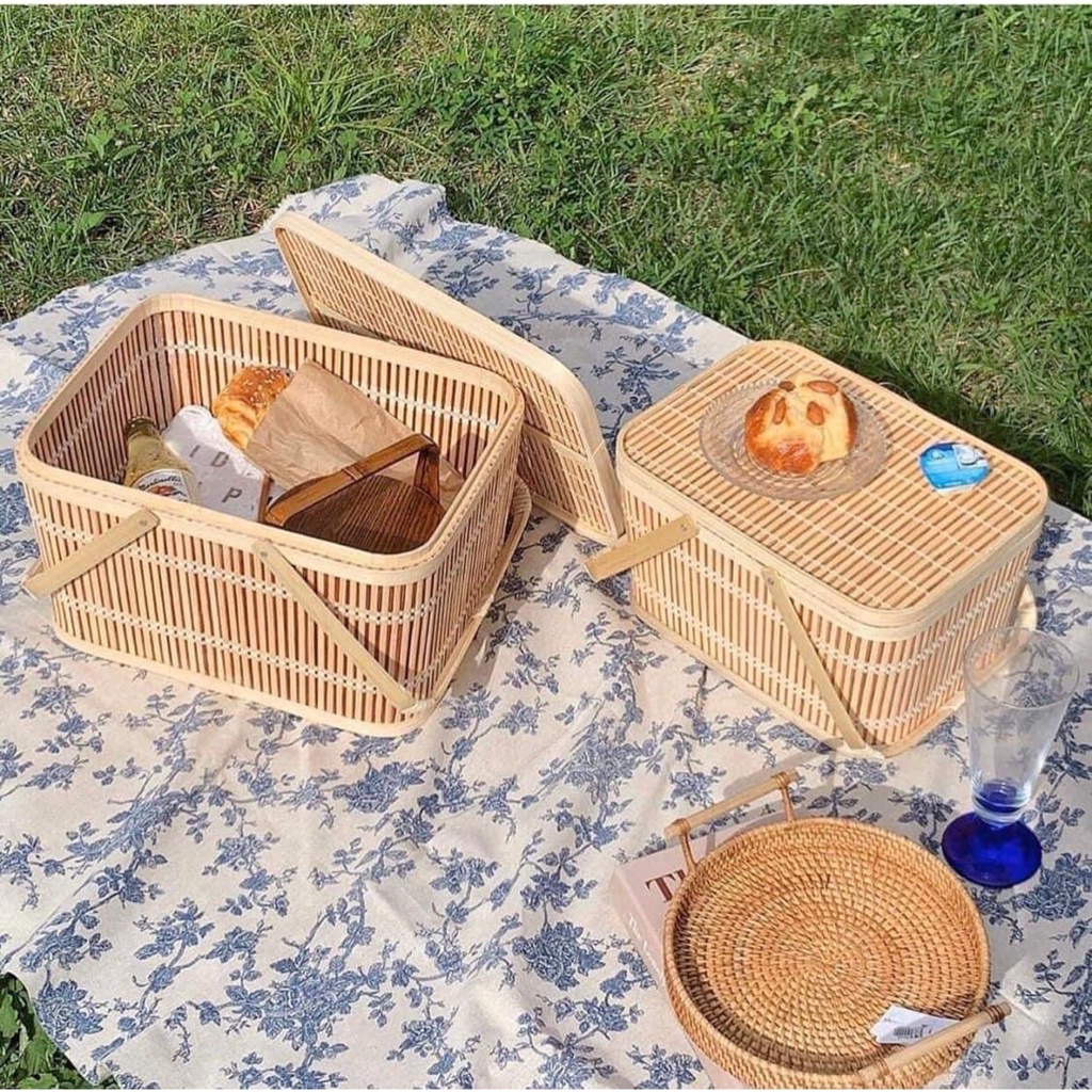 Giỏ picnic mây tre đan hình chữ nhật có quai và nắp vintage. Giỏ đựng đồ bánh kẹo quà Tết trái cây hoa quả