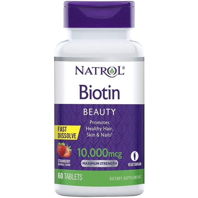 HŨ 60 VIÊN NGẬM Natrol Biotin TỐT CHO DA, MÓNG, TÓC Hair, Skin &amp; Nails, 10,000mcg, VỊ DÂU Strawberry
