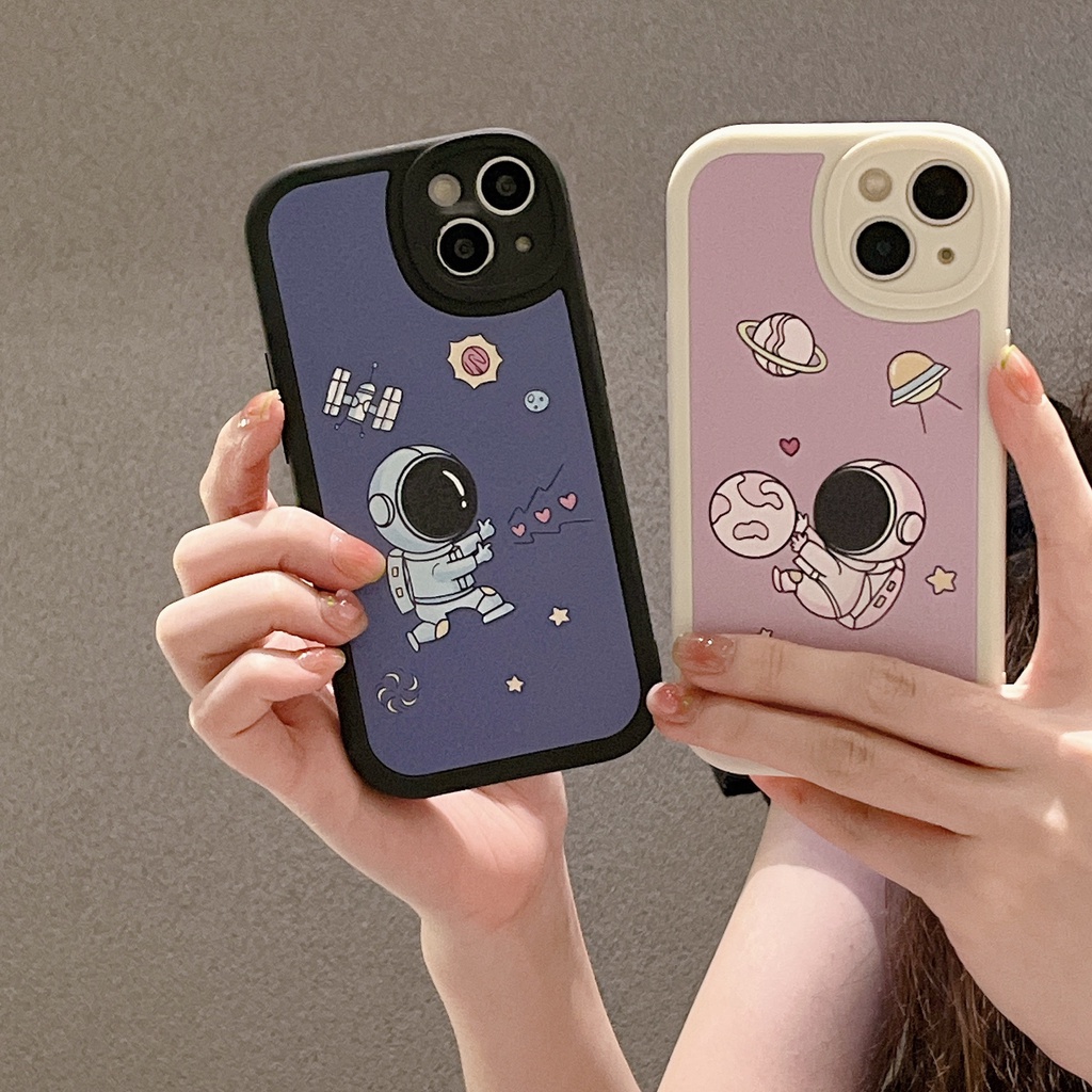 Ốp Điện Thoại Da Chống Sốc Hình Phi Hành Gia Hoạt Họa Màu Hồng Và Xanh Dương Thời Trang Cho Iphone