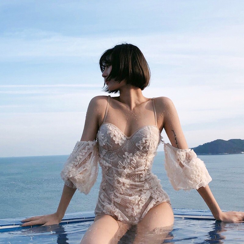 Bikini Đi Biển Ren Sang Chảnh Cao Cấp Đồ Bơi Sexy Ren Liền Thân Tay Tháo Rời Hot 2021