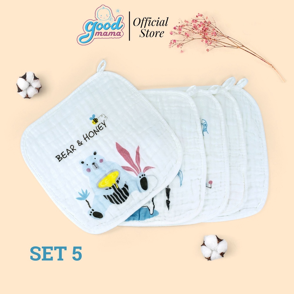 [Mã LTBAUAB6 giảm 7% đơn 99K] Khăn Sữa Goodmama 6 Lớp MUSLIN SET 5 Khăn 30x30 cm