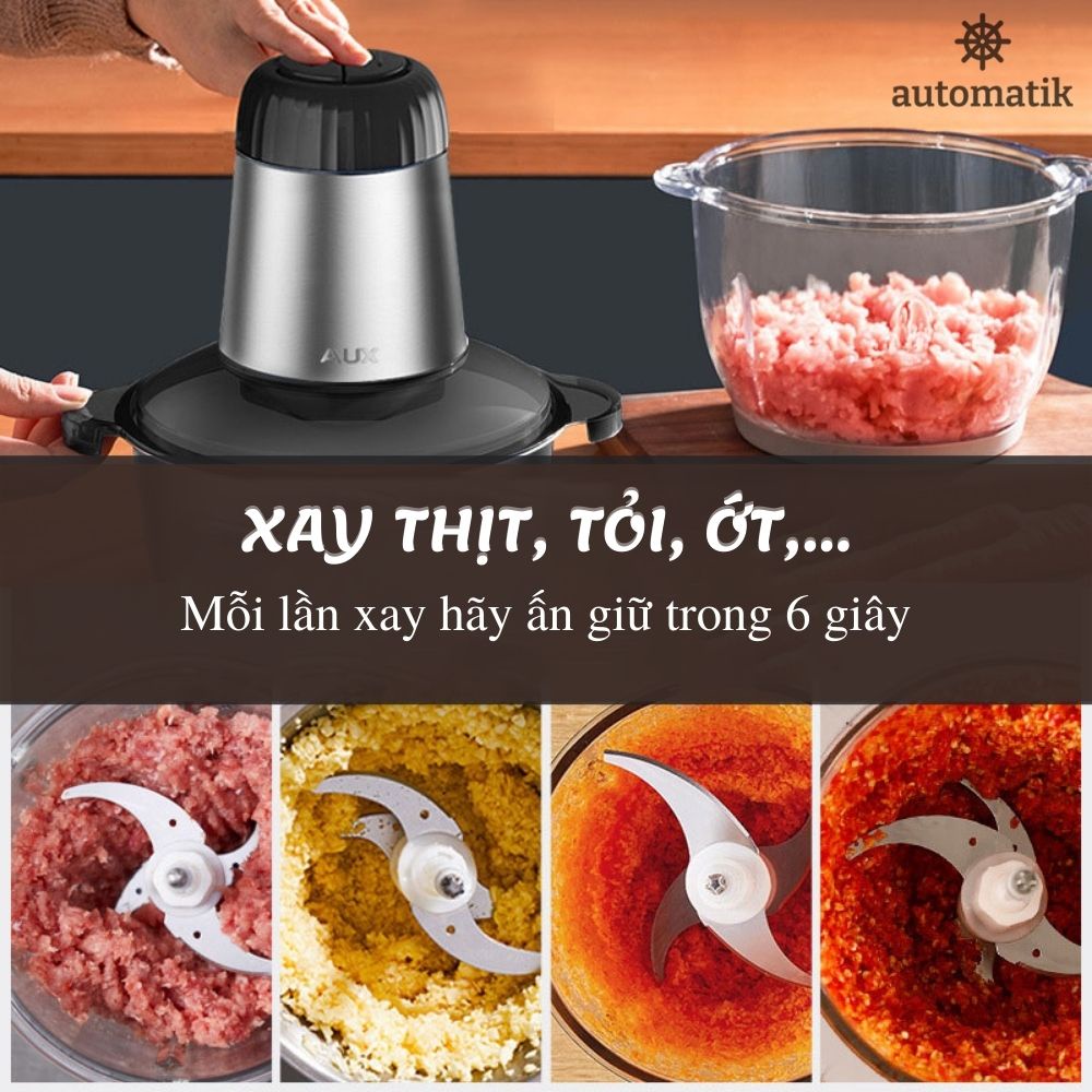 Máy Xay Thịt Cá Thủy Tinh 2 Lưỡi Dao Kép, Cối Xay Thịt Gia Đình 2L AUX + Tặng Dao Bào Củ Quả - Automatik