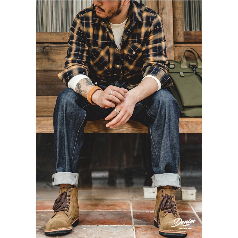 Maden tooling men's autumn and winter Japanese retro 13.5oz denim red ear original cow straight denim trousers