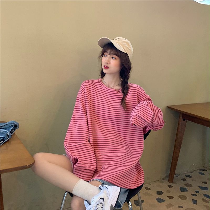 Jiashucheng Áo Thun Nữ Dài Tay Cổ Tròn Sọc Ngang Thời Trang Hàn Mới