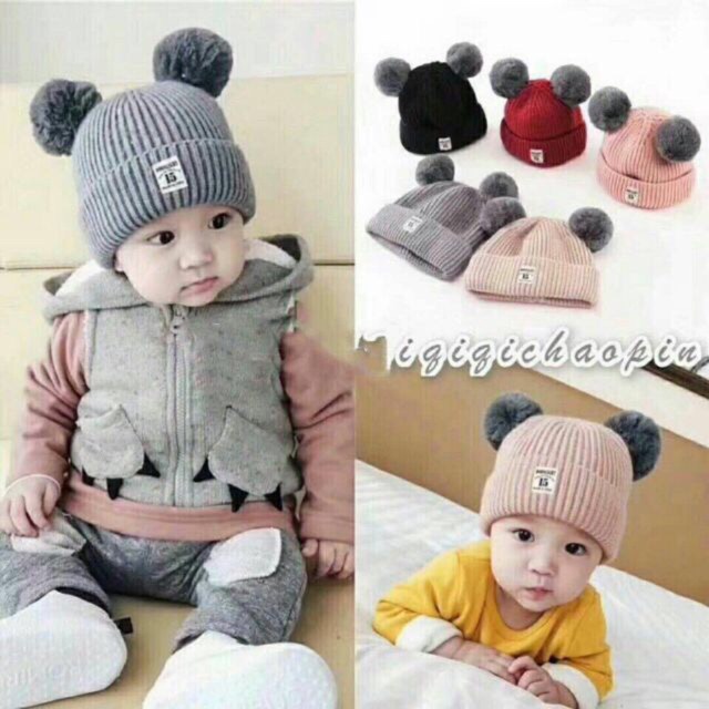 Mũ len 2 quả bông cho bé