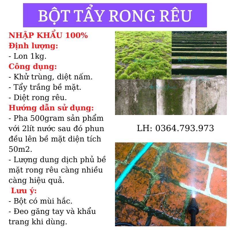 [SRMAR4574-Giảm 50% tối đa 20K đơn từ 0Đ]Bột Tẩy Rong Rêu Sân Xi Măng Bờ Tường-Túi 1Kg