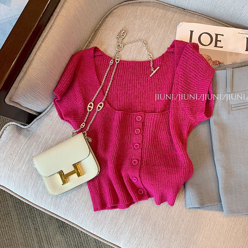 Jiashucheng Áo Sweater Tay Ngắn Cổ Vuông Dáng Ôm Màu Đỏ Hồng Thuần Khiết Phong Cách Mới Mùa Hè Dành Cho Bạn Nữ