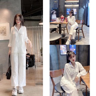 Set bộ đũi trắng dài tay nữ quần suông ống rộng culottes kèm áo sơ mi túi ngực