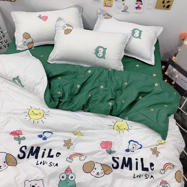 Bộ vỏ chăn ga gối cotton poly mẫu Ếch Smile