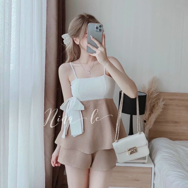 set áo dây xốp phối quần short