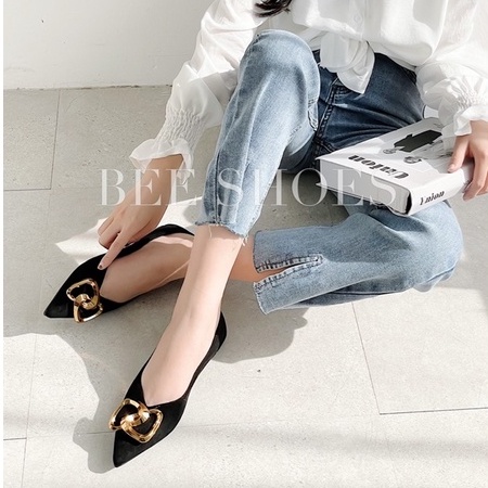 BEESHOES - GIÀY BÚP BÊ NỮ NHỌN - GIÀY BÚP BÊ NỮ DA LỘN ĐẾ BỆT SẴN MÀU ĐEN 211196