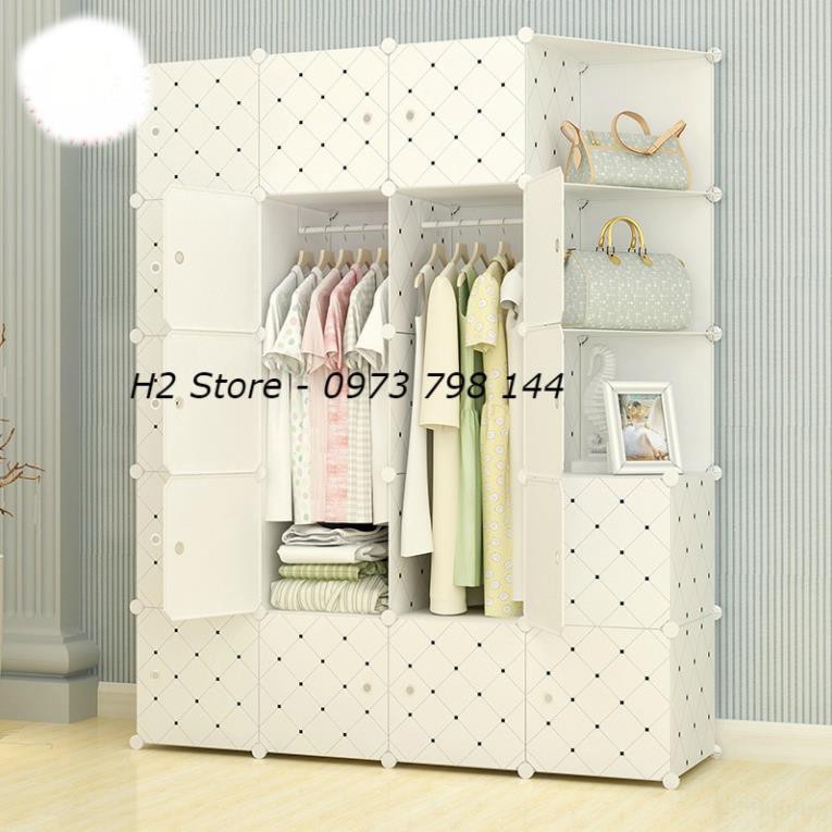 Tủ Nhựa Lắp Ghép 20 Ô (Gồm 3 Kệ Góc) Màu Trắng Chấm Bi Để Treo Quần Áo Đồ Đa Năng Thông Minh Người Lớn Sâu 47Cm