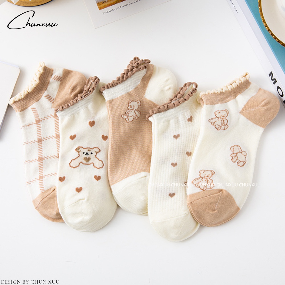 Tất nữ cổ ngắn cổ viền bèo họa tiết gấu dễ thương vải cotton co dãn ChunXuu - T10