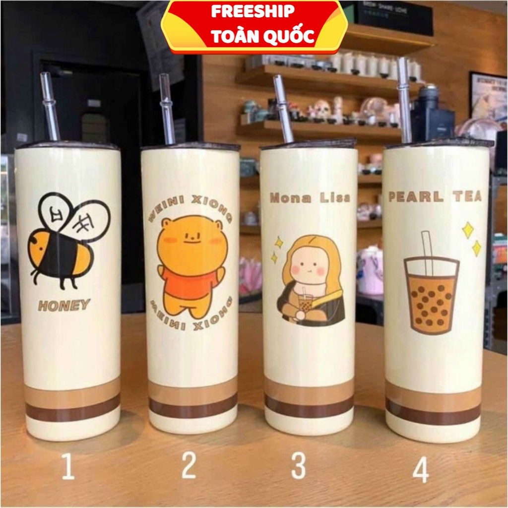 Bình Nước Hai Lớp Cách Nhiệt Kèm Ống Hút Hình Gấu Dễ Thương 650ml . .