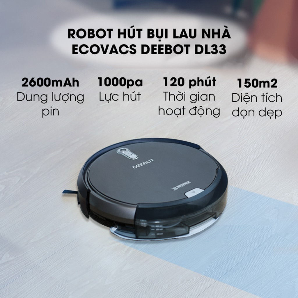 Robot hút bụi lau nhà Ecovacs Deebot DL33 là mẫu robot có độ ồn nhỏ nhất, Hàng trưng bày(LIKE NEW 99%), bảo hành 6 tháng